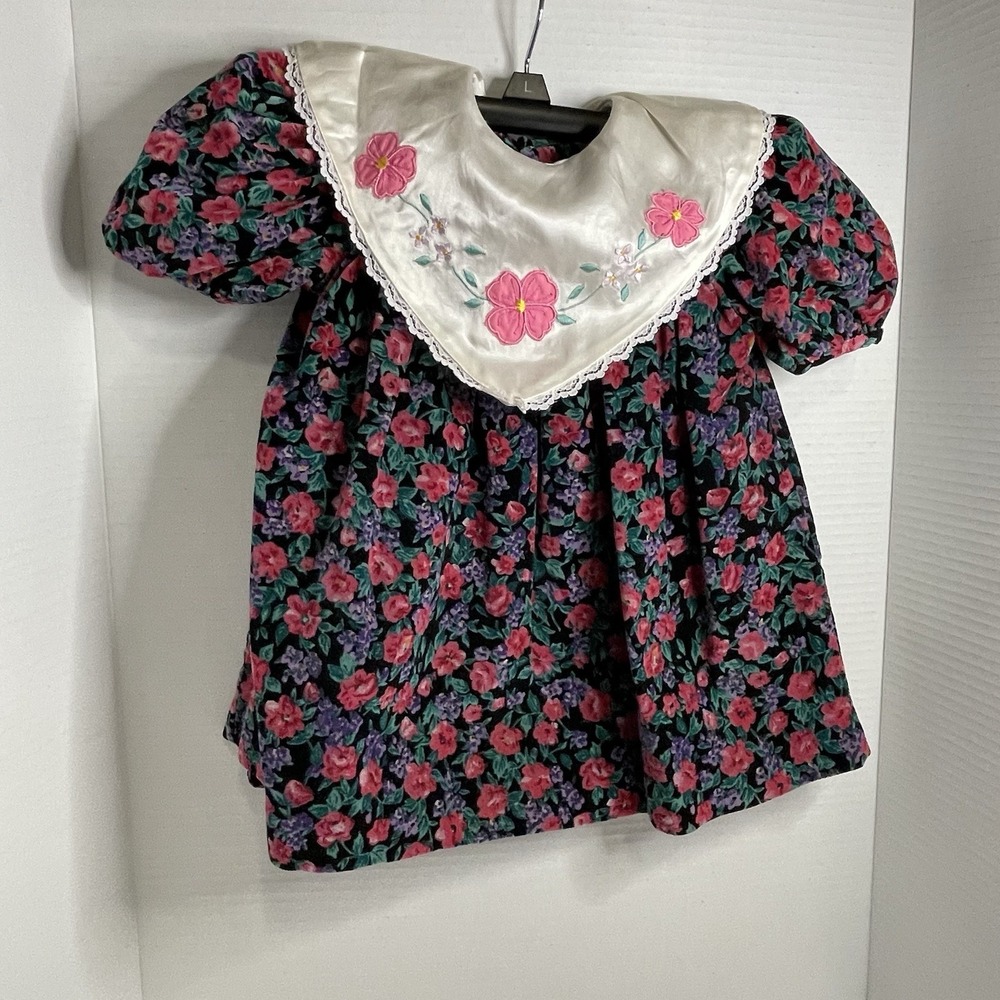Girls Toddler Silk Collared Floral Velvet Dress Young Heart Size 2T Vintage